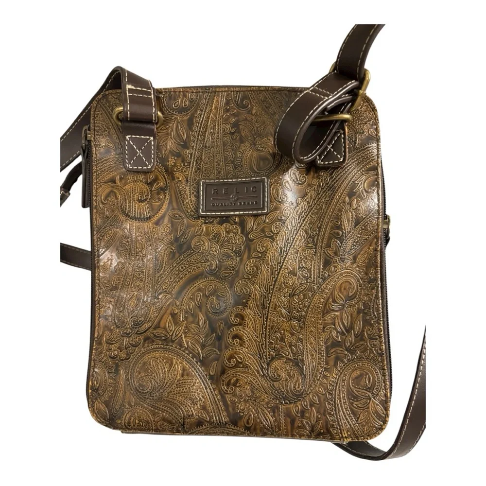 Relic by Fossil embossed paisley earthy rustic crossbody bohemian hobo bag. - Picture 2 of 9